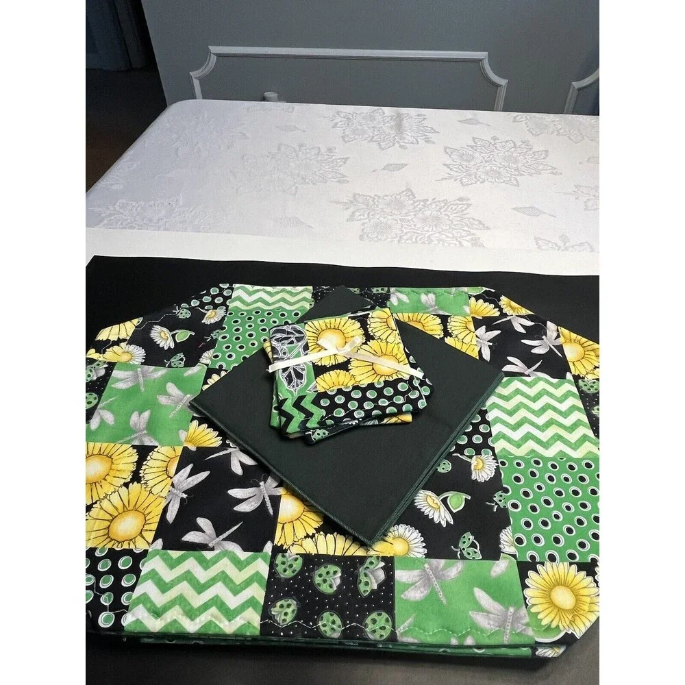 12pc Quilted Yellow Flowers Dragonfly Placemats Napkins Coasters Amish Made New